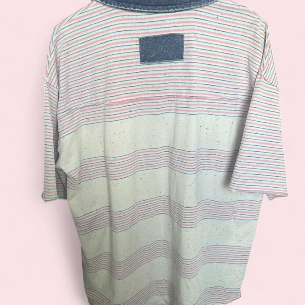 Easel Striped Confetti Slub Knit Denim Collar Oversized Polo Tee Shirt Large L - Picture 4 of 5